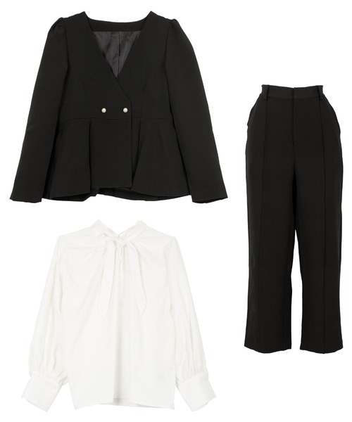 Petitle（プチレ）の「[ セレモニー ] [ 低身長向けサイズ ] 3点セット ペプラムジャケット × ボウタイブラウス × ワイドパンツ（スーツセット・レディース・ネイビー/ブラック・PL/PM/PS）」の19枚目の写真