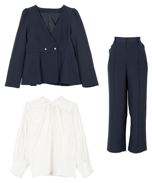 Petitle（プチレ）の「[ セレモニー ] [ 低身長向けサイズ ] 3点セット ペプラムジャケット × ボウタイブラウス × ワイドパンツ（スーツセット・レディース・ネイビー/ブラック・PL/PM/PS）」の20枚目の写真