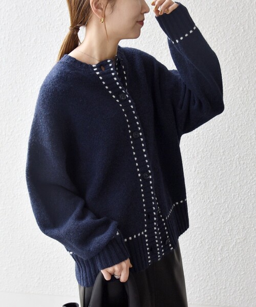 shipsシップス　ニット ツイード カーディガン　ネイビー セール】〈手洗い可能〉ニット ツイード クルーネック カーディガン