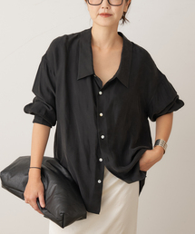 プラージュ Plage 長袖シャツブラウス 黒×ブラウン×グレー レディース シースルー/フリル トップス plage（プラージュ）の「douce cotton wash シャツ（シャツ⁄ブラウス