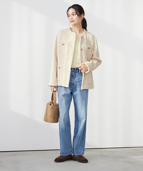 green label relaxing（グリーンレーベルリラクシング）の「［size SHORTあり］Bisentino ノーカラー ジャケット（ノーカラージャケット・レディース・ナチュラル/ネイビー・SHORT/36/38）」の5枚目の写真