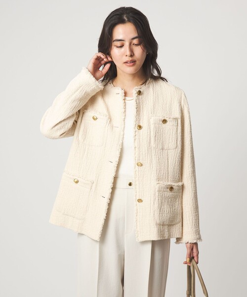 green label relaxing（グリーンレーベルリラクシング）の「［size SHORTあり］Bisentino ノーカラー ジャケット（ノーカラージャケット・レディース・ナチュラル/ネイビー・SHORT/36/38）」の8枚目の写真