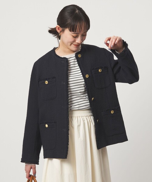 green label relaxing（グリーンレーベルリラクシング）の「［size SHORTあり］Bisentino ノーカラー ジャケット（ノーカラージャケット・レディース・ナチュラル/ネイビー・SHORT/36/38）」の12枚目の写真