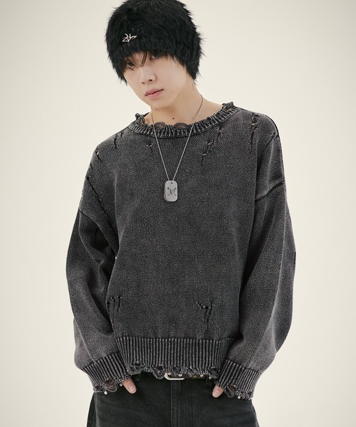 MSG（エムエスジー）の「ルーズシルエットダメージスプリングニットプルオーバー（ニット/セーター・メンズ・ブラック系1/レッド/ブラック系/ベージュ/カモフラージュ・S/M/L/XL）」の3枚目の写真