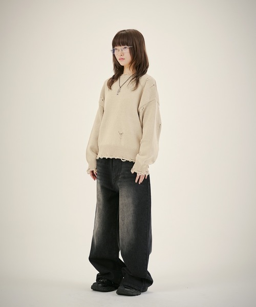 MSG（エムエスジー）の「ルーズシルエットダメージスプリングニットプルオーバー（ニット/セーター・メンズ・ブラック系1/レッド/ブラック系/ベージュ/カモフラージュ・S/M/L/XL）」の7枚目の写真