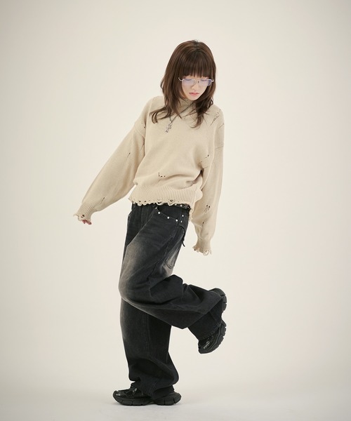 MSG（エムエスジー）の「ルーズシルエットダメージスプリングニットプルオーバー（ニット/セーター・メンズ・ブラック系1/レッド/ブラック系/ベージュ/カモフラージュ・S/M/L/XL）」の11枚目の写真