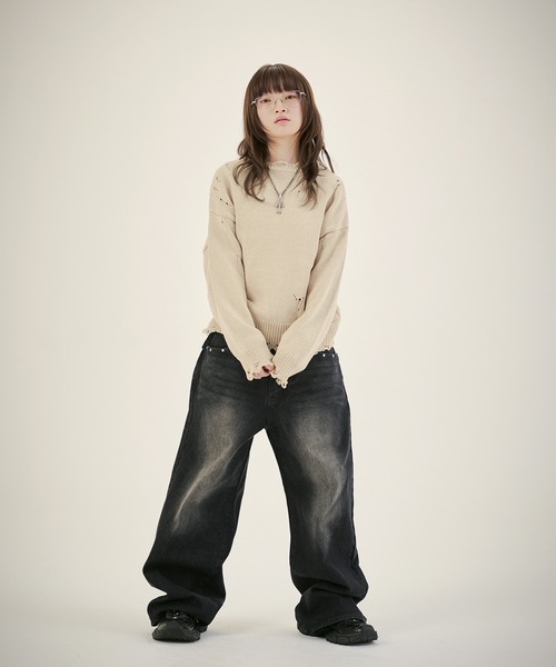 MSG（エムエスジー）の「ルーズシルエットダメージスプリングニットプルオーバー（ニット/セーター・メンズ・ブラック系1/レッド/ブラック系/ベージュ/カモフラージュ・S/M/L/XL）」の12枚目の写真