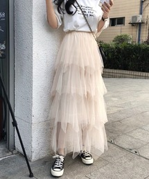 【26年春夏新作】アシンメトリーヘム ティアードチュールロングスカート