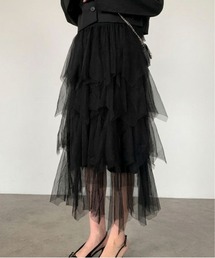 【26年春夏新作】アシンメトリーヘム ティアードチュールロングスカート