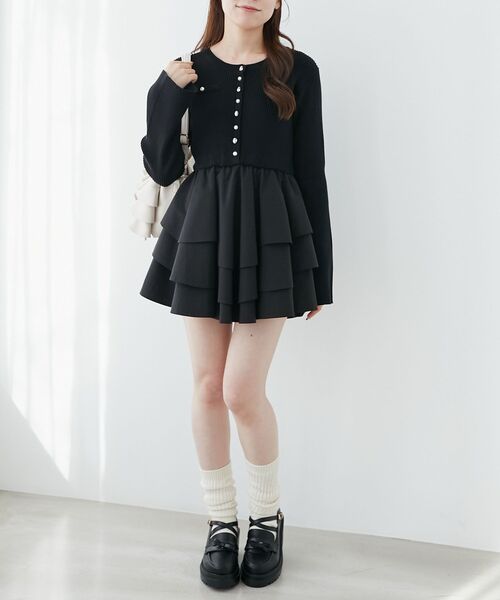 MAJESTIC LEGON（マジェスティックレゴン）の「ニットドッキングティアードミニワンピ（ワンピース・レディース・アイボリー/ブラック/ライトグレー・MEDIUM）」の7枚目の写真