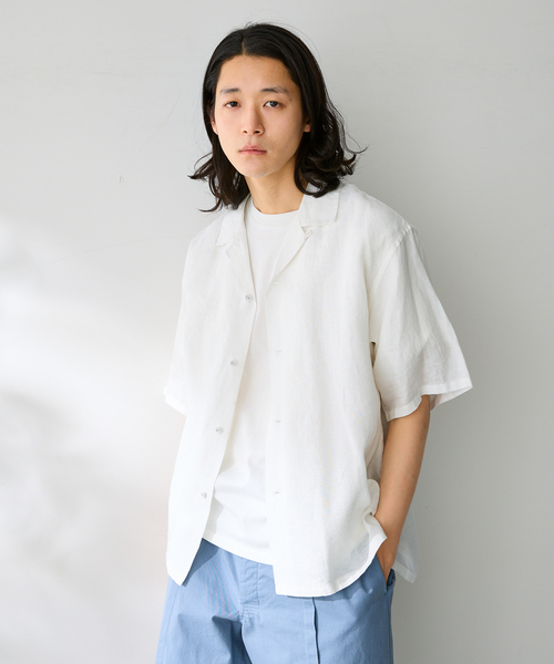 B.C STOCK(ベーセーストック)の「ヨーロッパリネン100% オープン半袖シャツ(シャツ/ブラウス・メンズ・ブラック/アイボリー/サックスブルー/イエロー/ホワイト・MEDIUM/LARGE)」の2枚目の写真