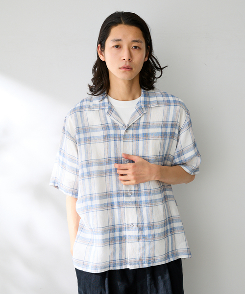 B.C STOCK(ベーセーストック)の「ヨーロッパリネン100% オープン半袖シャツ(シャツ/ブラウス・メンズ・ブラック/アイボリー/サックスブルー/イエロー/ホワイト・MEDIUM/LARGE)」の4枚目の写真