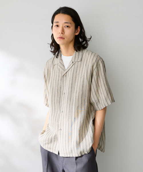 B.C STOCK(ベーセーストック)の「ヨーロッパリネン100% オープン半袖シャツ(シャツ/ブラウス・メンズ・ブラック/アイボリー/サックスブルー/イエロー/ホワイト・MEDIUM/LARGE)」の3枚目の写真