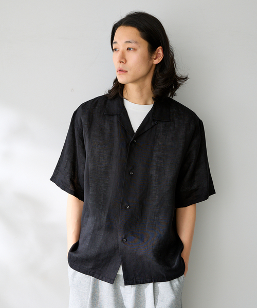 B.C STOCK(ベーセーストック)の「ヨーロッパリネン100% オープン半袖シャツ(シャツ/ブラウス・メンズ・ブラック/アイボリー/サックスブルー/イエロー/ホワイト・MEDIUM/LARGE)」の1枚目の写真