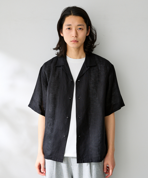 B.C STOCK(ベーセーストック)の「ヨーロッパリネン100% オープン半袖シャツ(シャツ/ブラウス・メンズ・ブラック/アイボリー/サックスブルー/イエロー/ホワイト・MEDIUM/LARGE)」の7枚目の写真