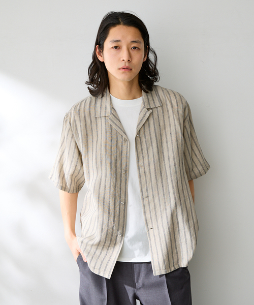 B.C STOCK(ベーセーストック)の「ヨーロッパリネン100% オープン半袖シャツ(シャツ/ブラウス・メンズ・ブラック/アイボリー/サックスブルー/イエロー/ホワイト・MEDIUM/LARGE)」の15枚目の写真