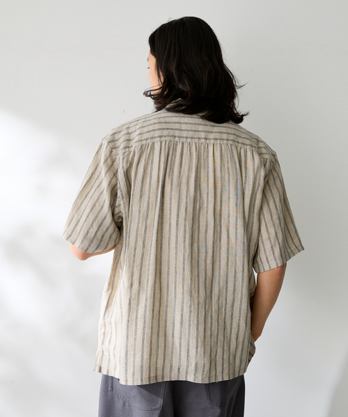 B.C STOCK(ベーセーストック)の「ヨーロッパリネン100% オープン半袖シャツ(シャツ/ブラウス・メンズ・ブラック/アイボリー/サックスブルー/イエロー/ホワイト・MEDIUM/LARGE)」の17枚目の写真