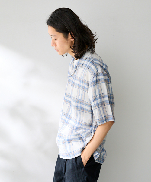 B.C STOCK(ベーセーストック)の「ヨーロッパリネン100% オープン半袖シャツ(シャツ/ブラウス・メンズ・ブラック/アイボリー/サックスブルー/イエロー/ホワイト・MEDIUM/LARGE)」の21枚目の写真