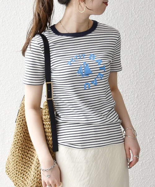 SHIPS any別注】PETIT BATEAU: ロゴ プリント コンパクト ボーダー TEE