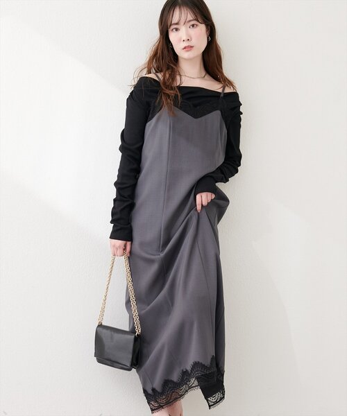 natural couture（ナチュラルクチュール）の「レーストリムキャミワンピース（ワンピース・レディース・ブラック/オフホワイト/チャコールグレー・FREE）」の14枚目の写真