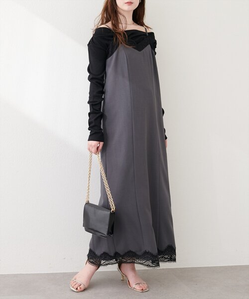 natural couture（ナチュラルクチュール）の「レーストリムキャミワンピース（ワンピース・レディース・ブラック/オフホワイト/チャコールグレー・FREE）」の15枚目の写真