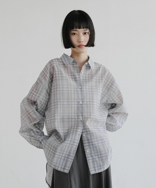 LOWRYS FARM(ローリーズファーム)の「シアーシャツLS 605853(シャツ/ブラウス・レディース・ブラウン/アイボリー/チェック/ピンク・SHORT/LONG)」の4枚目の写真