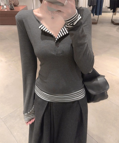 CERCA(チェルカ)の「HALEY PESCA/ストライプパッチワーク レイヤードカットソー(Tシャツ/カットソー・レディース・ホワイト/グレー・SMALL)」の3枚目の写真