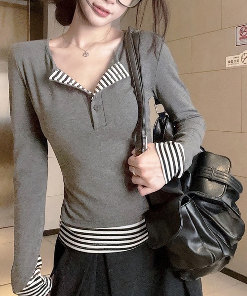CERCA(チェルカ)の「HALEY PESCA/ストライプパッチワーク レイヤードカットソー(Tシャツ/カットソー・レディース・ホワイト/グレー・SMALL)」の6枚目の写真