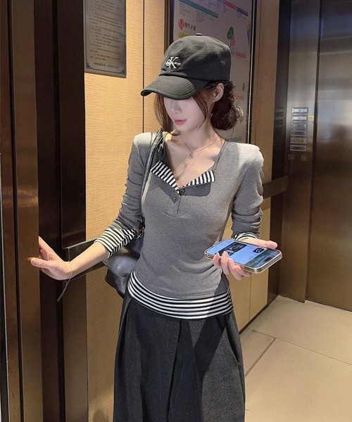 CERCA(チェルカ)の「HALEY PESCA/ストライプパッチワーク レイヤードカットソー(Tシャツ/カットソー・レディース・ホワイト/グレー・SMALL)」の7枚目の写真