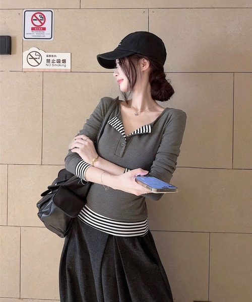 CERCA(チェルカ)の「HALEY PESCA/ストライプパッチワーク レイヤードカットソー(Tシャツ/カットソー・レディース・ホワイト/グレー・SMALL)」の9枚目の写真