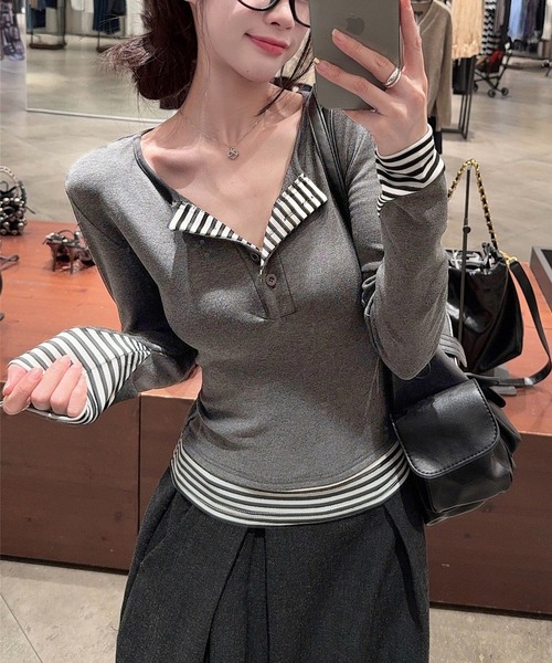 CERCA(チェルカ)の「HALEY PESCA/ストライプパッチワーク レイヤードカットソー(Tシャツ/カットソー・レディース・ホワイト/グレー・SMALL)」の10枚目の写真