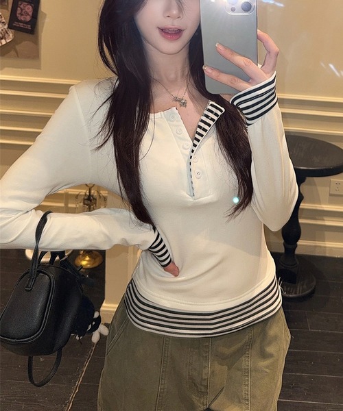 CERCA(チェルカ)の「HALEY PESCA/ストライプパッチワーク レイヤードカットソー(Tシャツ/カットソー・レディース・ホワイト/グレー・SMALL)」の15枚目の写真
