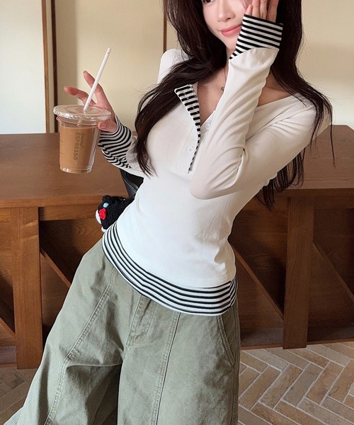CERCA(チェルカ)の「HALEY PESCA/ストライプパッチワーク レイヤードカットソー(Tシャツ/カットソー・レディース・ホワイト/グレー・SMALL)」の16枚目の写真