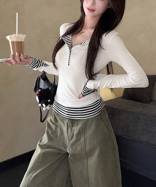 CERCA(チェルカ)の「HALEY PESCA/ストライプパッチワーク レイヤードカットソー(Tシャツ/カットソー・レディース・ホワイト/グレー・SMALL)」の17枚目の写真