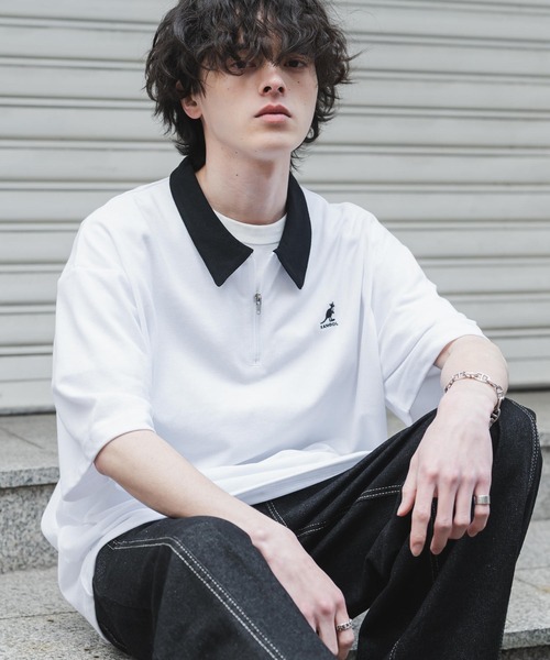 KANGOL（カンゴール）の「新色追加 KANGOL カンゴール 別注コラボ 接触冷感鹿の子ハーフジップ半袖ロゴ刺繍ポロシャツ（ポロシャツ・メンズ・ホワイト×ブラック/ブラック/ホワイト/ブラック×ホワイト/ピンク/チャコール/ブルー/オフホワイト/ネイビー/グリーン・L/M/XL）」の4枚目の写真