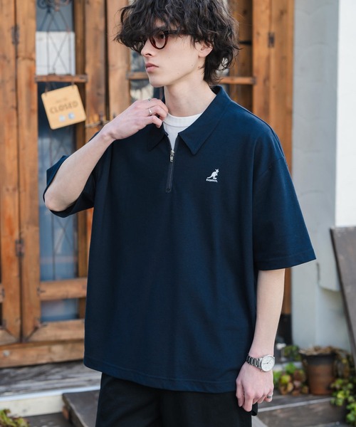 KANGOL（カンゴール）の「新色追加 KANGOL カンゴール 別注コラボ 接触冷感鹿の子ハーフジップ半袖ロゴ刺繍ポロシャツ（ポロシャツ・メンズ・ホワイト×ブラック/ブラック/ホワイト/ブラック×ホワイト/ピンク/チャコール/ブルー/オフホワイト/ネイビー/グリーン・L/M/XL）」の8枚目の写真