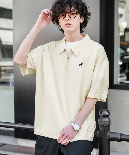 KANGOL（カンゴール）の「新色追加 KANGOL カンゴール 別注コラボ 接触冷感鹿の子ハーフジップ半袖ロゴ刺繍ポロシャツ（ポロシャツ・メンズ・ホワイト×ブラック/ブラック/ホワイト/ブラック×ホワイト/ピンク/チャコール/ブルー/オフホワイト/ネイビー/グリーン・L/M/XL）」の3枚目の写真