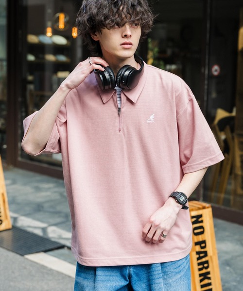 KANGOL（カンゴール）の「新色追加 KANGOL カンゴール 別注コラボ 接触冷感鹿の子ハーフジップ半袖ロゴ刺繍ポロシャツ（ポロシャツ・メンズ・ホワイト×ブラック/ブラック/ホワイト/ブラック×ホワイト/ピンク/チャコール/ブルー/オフホワイト/ネイビー/グリーン・L/M/XL）」の10枚目の写真