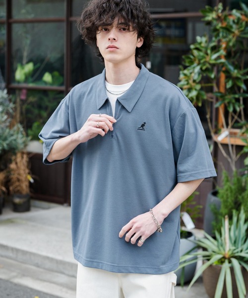 KANGOL（カンゴール）の「新色追加 KANGOL カンゴール 別注コラボ 接触冷感鹿の子ハーフジップ半袖ロゴ刺繍ポロシャツ（ポロシャツ・メンズ・ホワイト×ブラック/ブラック/ホワイト/ブラック×ホワイト/ピンク/チャコール/ブルー/オフホワイト/ネイビー/グリーン・L/M/XL）」の9枚目の写真