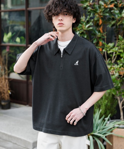KANGOL（カンゴール）の「新色追加 KANGOL カンゴール 別注コラボ 接触冷感鹿の子ハーフジップ半袖ロゴ刺繍ポロシャツ（ポロシャツ・メンズ・ホワイト×ブラック/ブラック/ホワイト/ブラック×ホワイト/ピンク/チャコール/ブルー/オフホワイト/ネイビー/グリーン・L/M/XL）」の6枚目の写真