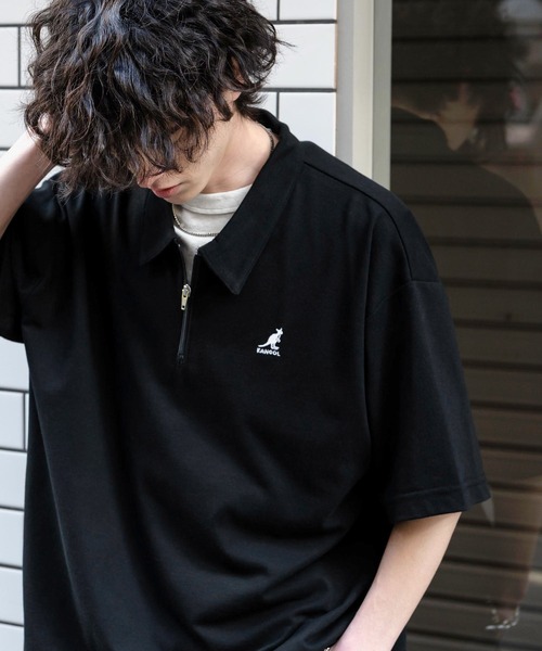 KANGOL（カンゴール）の「新色追加 KANGOL カンゴール 別注コラボ 接触冷感鹿の子ハーフジップ半袖ロゴ刺繍ポロシャツ（ポロシャツ・メンズ・ホワイト×ブラック/ブラック/ホワイト/ブラック×ホワイト/ピンク/チャコール/ブルー/オフホワイト/ネイビー/グリーン・L/M/XL）」の5枚目の写真