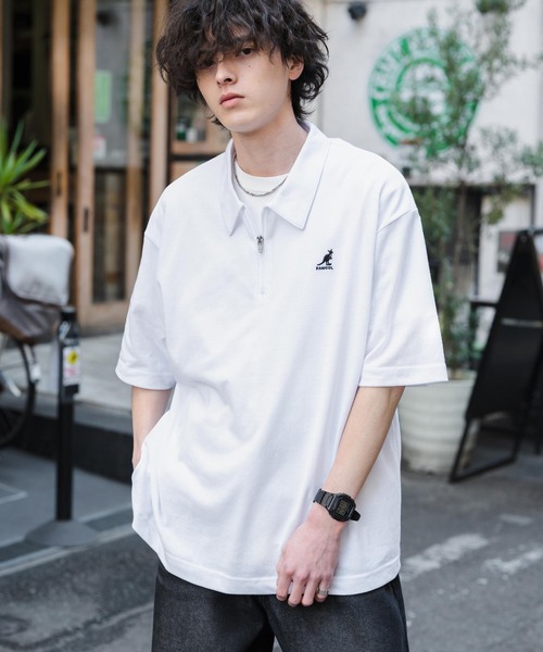 KANGOL（カンゴール）の「新色追加 KANGOL カンゴール 別注コラボ 接触冷感鹿の子ハーフジップ半袖ロゴ刺繍ポロシャツ（ポロシャツ・メンズ・ホワイト×ブラック/ブラック/ホワイト/ブラック×ホワイト/ピンク/チャコール/ブルー/オフホワイト/ネイビー/グリーン・L/M/XL）」の11枚目の写真