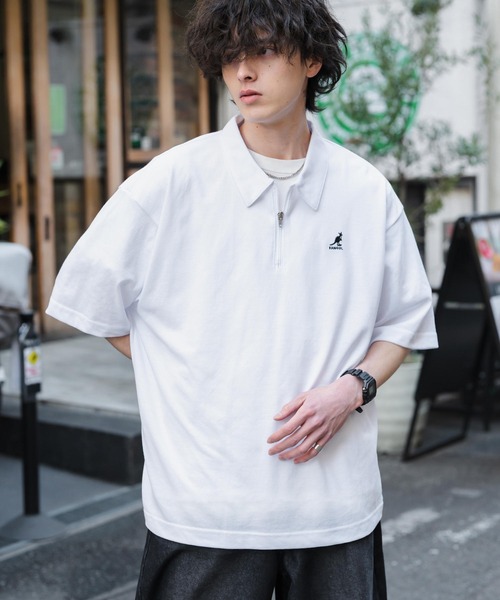 KANGOL（カンゴール）の「新色追加 KANGOL カンゴール 別注コラボ 接触冷感鹿の子ハーフジップ半袖ロゴ刺繍ポロシャツ（ポロシャツ・メンズ・ホワイト×ブラック/ブラック/ホワイト/ブラック×ホワイト/ピンク/チャコール/ブルー/オフホワイト/ネイビー/グリーン・L/M/XL）」の12枚目の写真