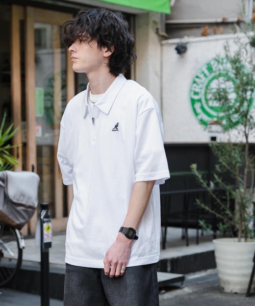 KANGOL（カンゴール）の「新色追加 KANGOL カンゴール 別注コラボ 接触冷感鹿の子ハーフジップ半袖ロゴ刺繍ポロシャツ（ポロシャツ・メンズ・ホワイト×ブラック/ブラック/ホワイト/ブラック×ホワイト/ピンク/チャコール/ブルー/オフホワイト/ネイビー/グリーン・L/M/XL）」の13枚目の写真