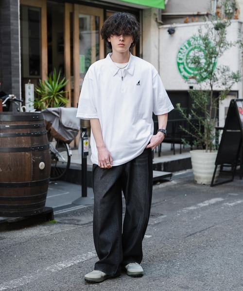 KANGOL（カンゴール）の「新色追加 KANGOL カンゴール 別注コラボ 接触冷感鹿の子ハーフジップ半袖ロゴ刺繍ポロシャツ（ポロシャツ・メンズ・ホワイト×ブラック/ブラック/ホワイト/ブラック×ホワイト/ピンク/チャコール/ブルー/オフホワイト/ネイビー/グリーン・L/M/XL）」の15枚目の写真