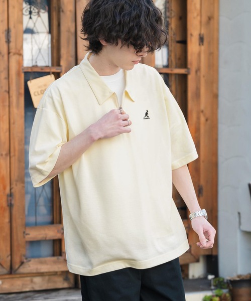 KANGOL（カンゴール）の「新色追加 KANGOL カンゴール 別注コラボ 接触冷感鹿の子ハーフジップ半袖ロゴ刺繍ポロシャツ（ポロシャツ・メンズ・ホワイト×ブラック/ブラック/ホワイト/ブラック×ホワイト/ピンク/チャコール/ブルー/オフホワイト/ネイビー/グリーン・L/M/XL）」の16枚目の写真