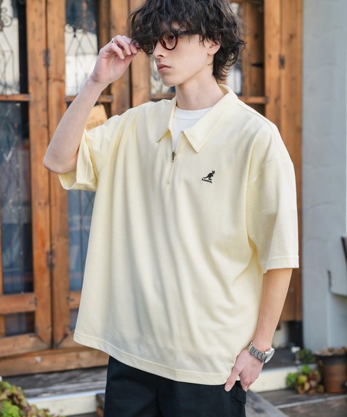KANGOL（カンゴール）の「新色追加 KANGOL カンゴール 別注コラボ 接触冷感鹿の子ハーフジップ半袖ロゴ刺繍ポロシャツ（ポロシャツ・メンズ・ホワイト×ブラック/ブラック/ホワイト/ブラック×ホワイト/ピンク/チャコール/ブルー/オフホワイト/ネイビー/グリーン・L/M/XL）」の17枚目の写真