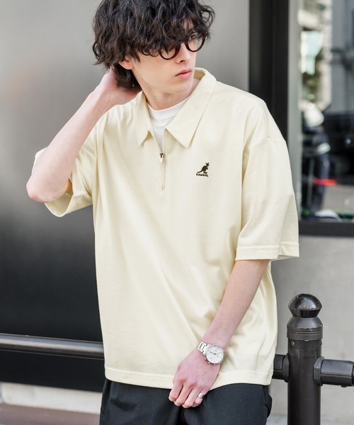 KANGOL（カンゴール）の「新色追加 KANGOL カンゴール 別注コラボ 接触冷感鹿の子ハーフジップ半袖ロゴ刺繍ポロシャツ（ポロシャツ・メンズ・ホワイト×ブラック/ブラック/ホワイト/ブラック×ホワイト/ピンク/チャコール/ブルー/オフホワイト/ネイビー/グリーン・L/M/XL）」の18枚目の写真