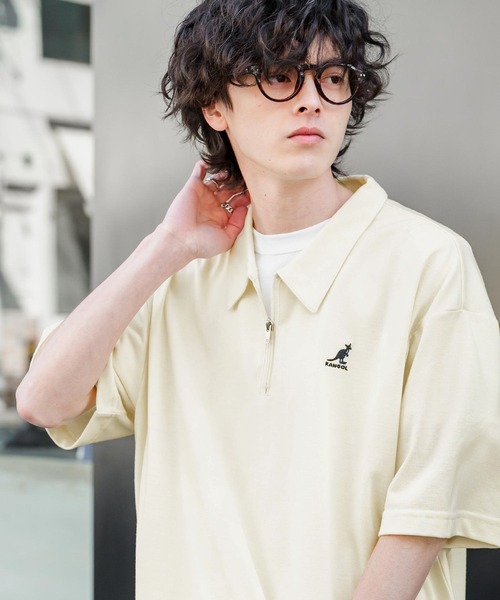 KANGOL（カンゴール）の「新色追加 KANGOL カンゴール 別注コラボ 接触冷感鹿の子ハーフジップ半袖ロゴ刺繍ポロシャツ（ポロシャツ・メンズ・ホワイト×ブラック/ブラック/ホワイト/ブラック×ホワイト/ピンク/チャコール/ブルー/オフホワイト/ネイビー/グリーン・L/M/XL）」の19枚目の写真