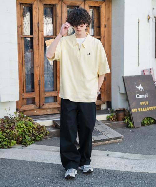 KANGOL（カンゴール）の「新色追加 KANGOL カンゴール 別注コラボ 接触冷感鹿の子ハーフジップ半袖ロゴ刺繍ポロシャツ（ポロシャツ・メンズ・ホワイト×ブラック/ブラック/ホワイト/ブラック×ホワイト/ピンク/チャコール/ブルー/オフホワイト/ネイビー/グリーン・L/M/XL）」の20枚目の写真